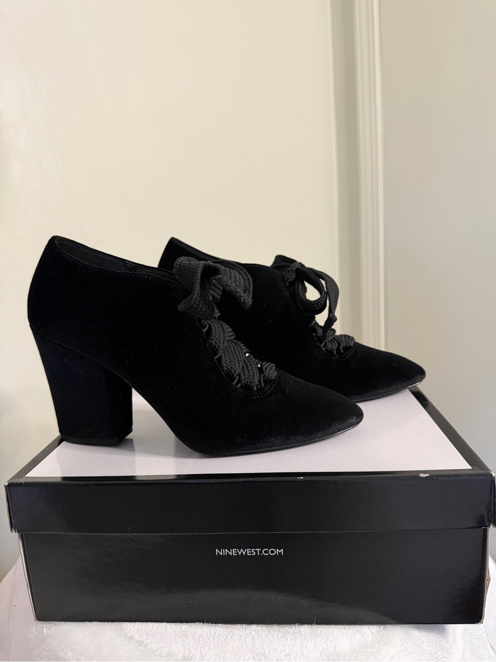 Nine West Black Velvet Lace-Up Block Heel Booties